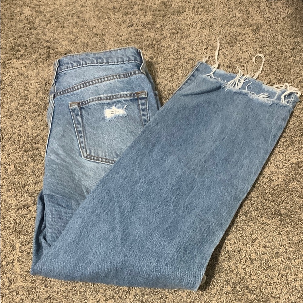 Blue Straight Leg Jeans with Distressed Details